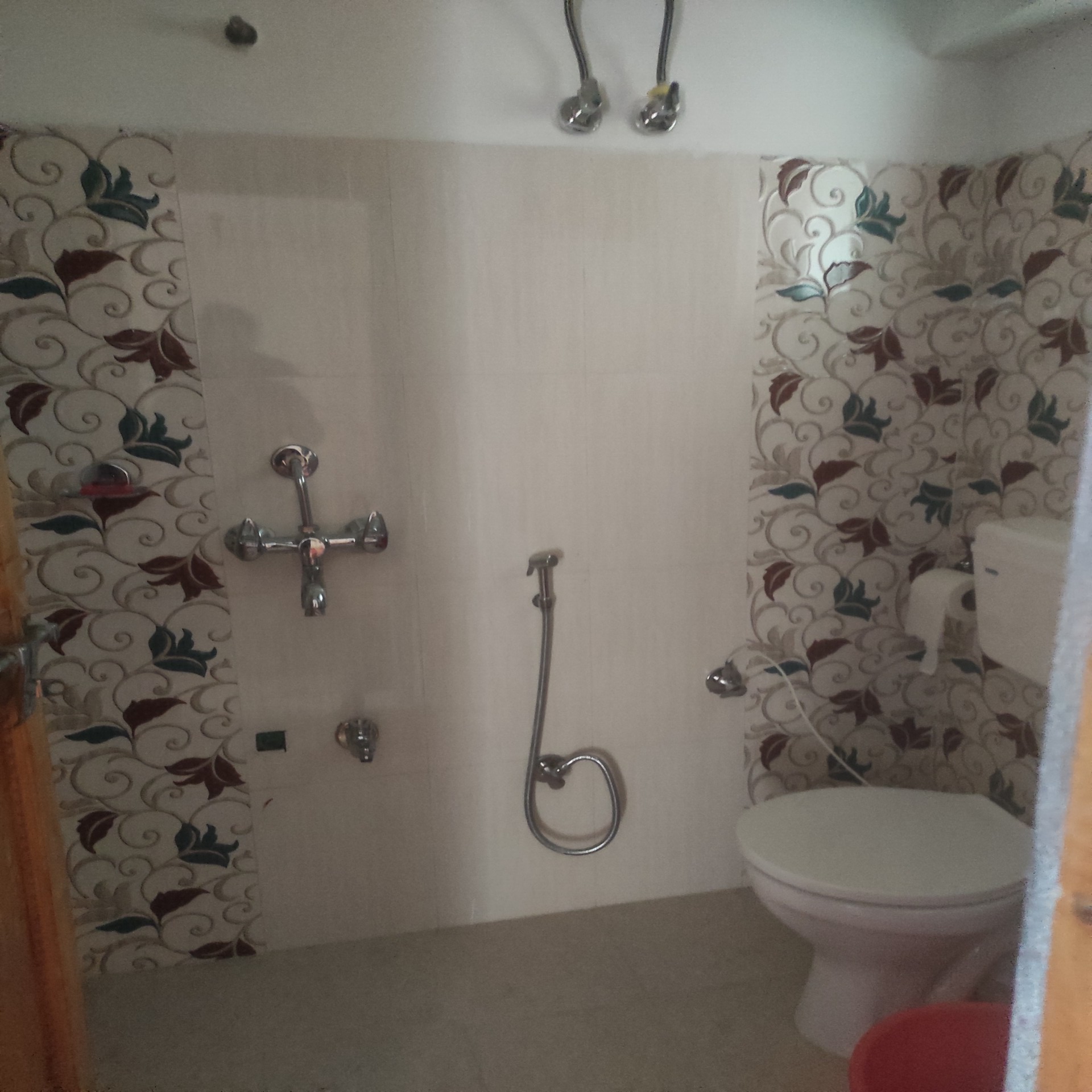 a bathroom with a shower and a toilet